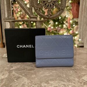 Chanel Matelasse bifold wallet in dusty blue leather